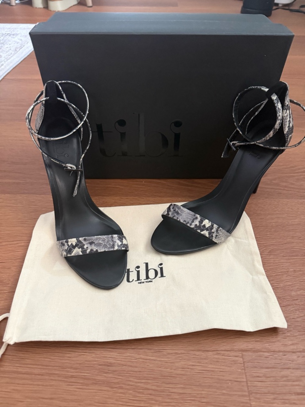 Tibi Amber Heel Snakeskin Ankle Straps Sandals